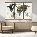 Vintage World Map Wall Art Canvas Print, Framed Rustic Earth Tone Map