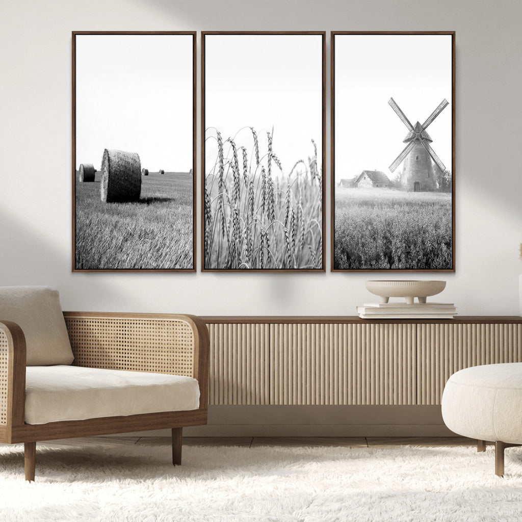 Vintage Farmhouse Black and White Triptych Wall Art, Giclee Canvas with Wheat Fields, Hay Bales and Windmill