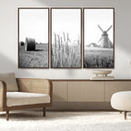 Vintage Farmhouse Black and White Triptych Wall Art, Giclee Canvas with Wheat Fields, Hay Bales and Windmill