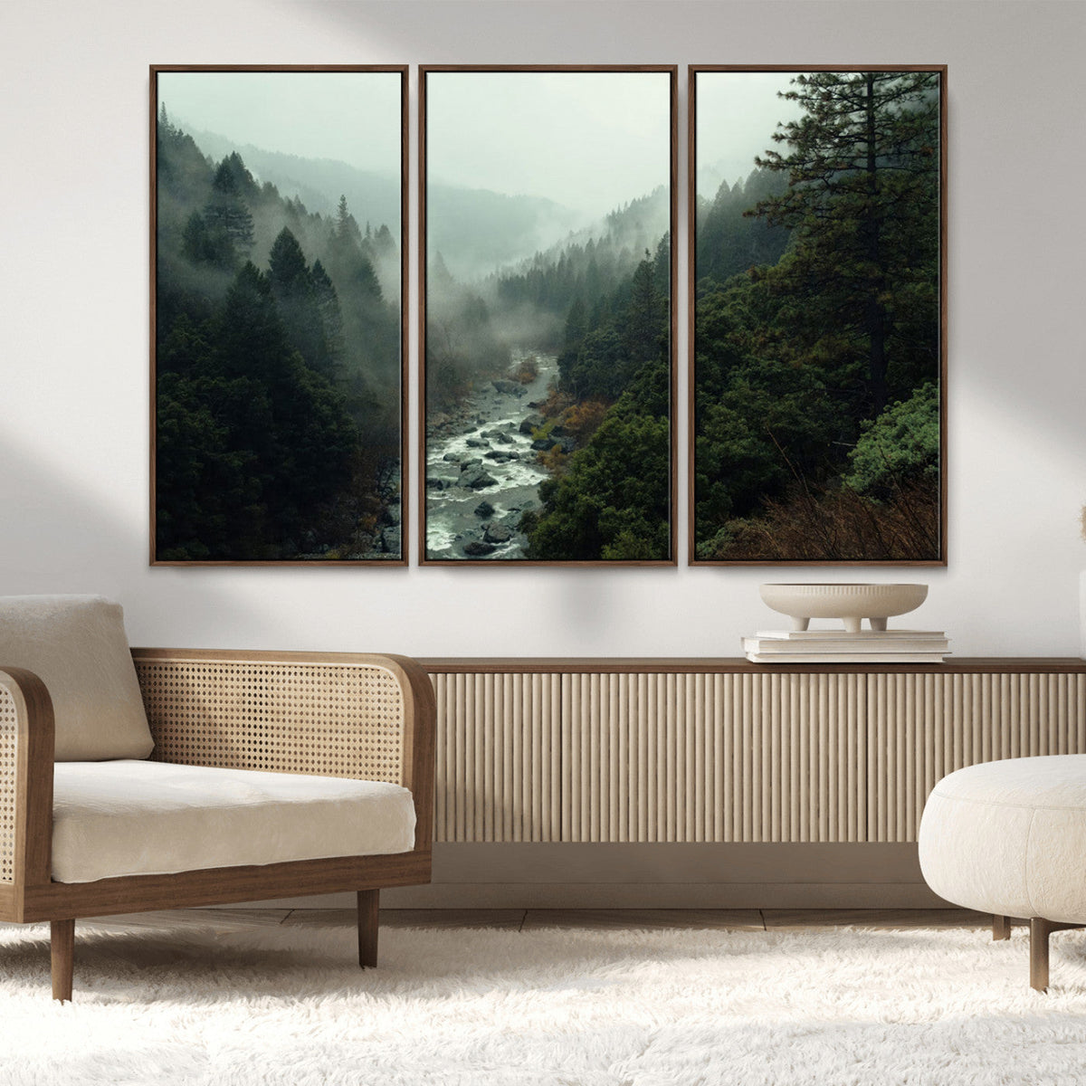 Misty Forest Wall Art, Tranquil Nature Landscape, Ready to Hang | Extra Large 3 Piece Canvas Wall Art