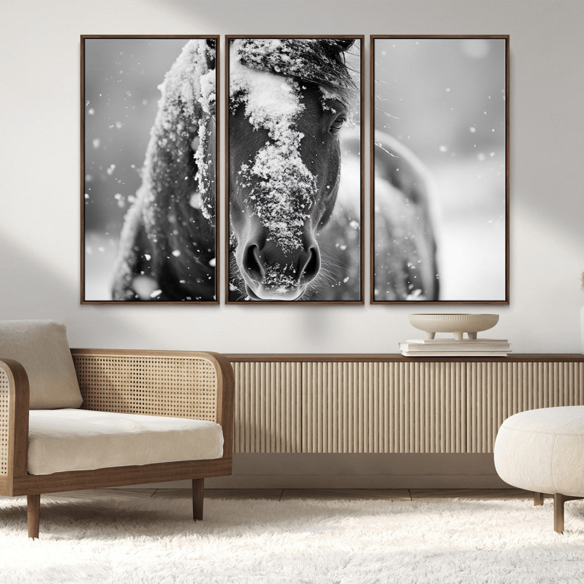 Black and White Horse Winter Wall Art, Ready to Hang