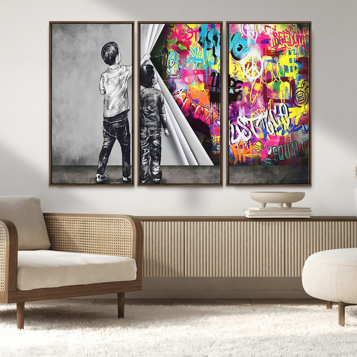 Banksy Print, Street Art Canvas Wall Art, Kids Revealing Graffiti, Urban Modern Decor