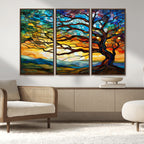 Vibrant Mosaic Tree of Life Wall Art, Stained Glass Style Canvas Print