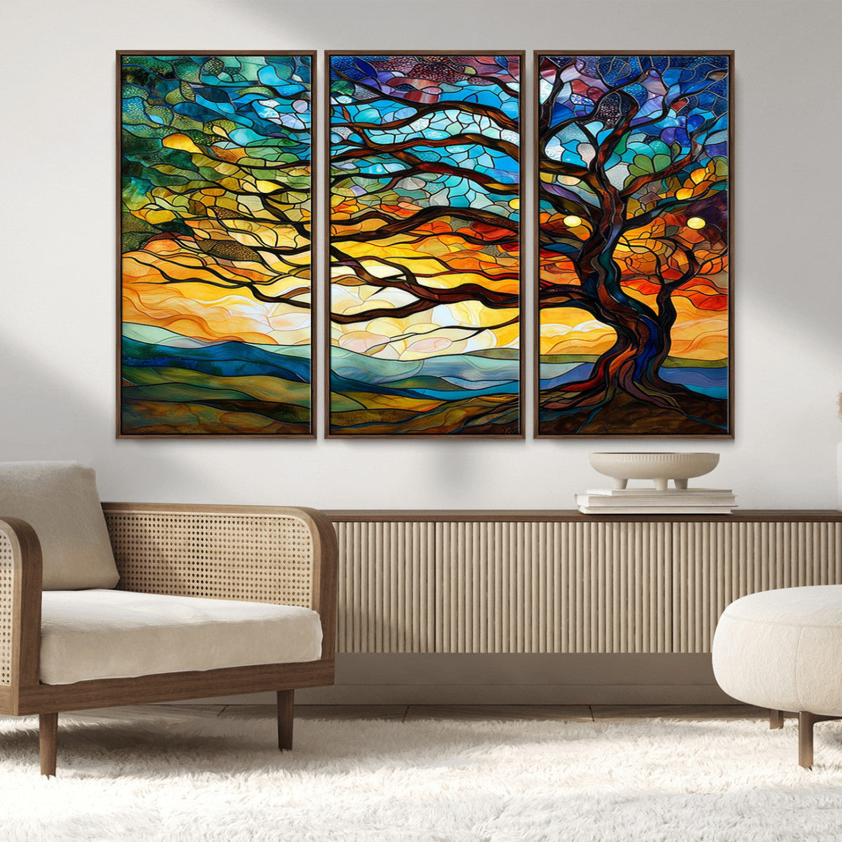 Vibrant Mosaic Tree of Life Wall Art, Stained Glass Style Canvas Print