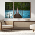 Suspension Bridge Over River Canvas Art | 3-Panel Nature Wall Art