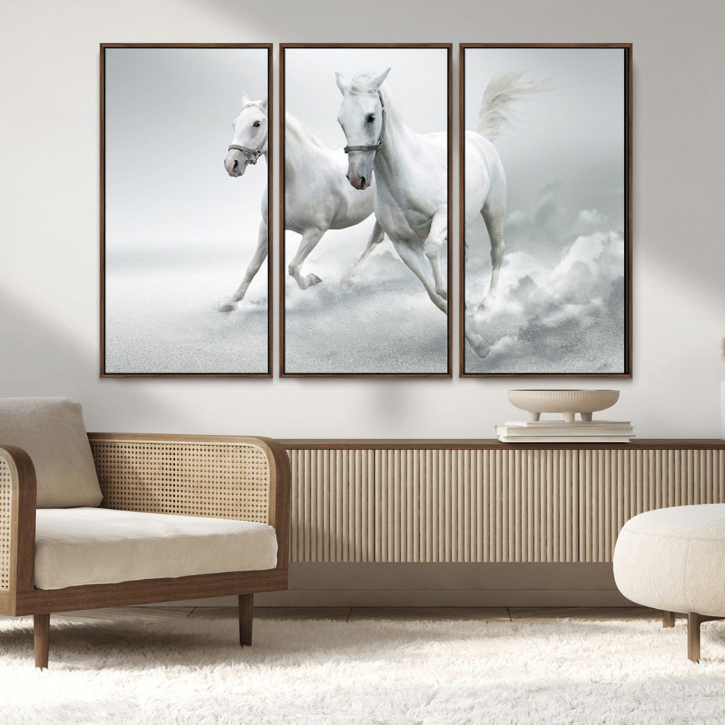 Large Wall Art Canvas Print, Beautiful Running White Horses