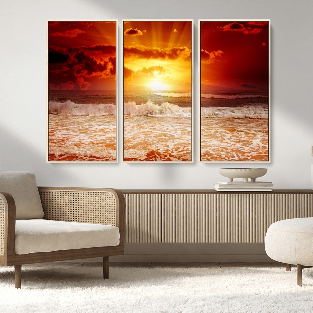 Red Sunset Ocean Beach Canvas Wall Art, Coastal Sunset Print
