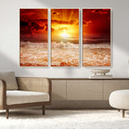 Red Sunset Ocean Beach Canvas Wall Art, Coastal Sunset Print