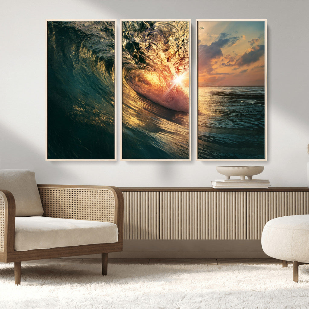 Ocean Wave Sunset Canvas Wall Art | Triptych Seascape Print