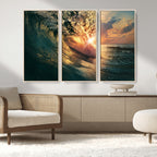 Ocean Wave Sunset Canvas Wall Art | Triptych Seascape Print