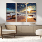Golden Hour Beach Sunset Canvas Triptych, Ocean Waves and Rocks Wall Art