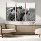 Bear and Cub Wall Art Canvas | Grizzly 399 Bear and Cub Black and White Wildlife Print