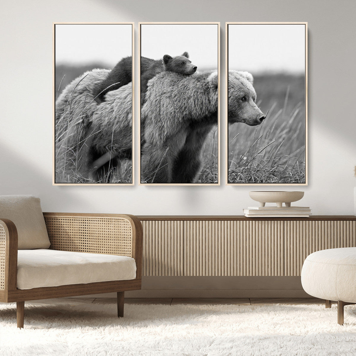 Bear and Cub Wall Art Canvas | Grizzly 399 Bear and Cub Black and White Wildlife Print