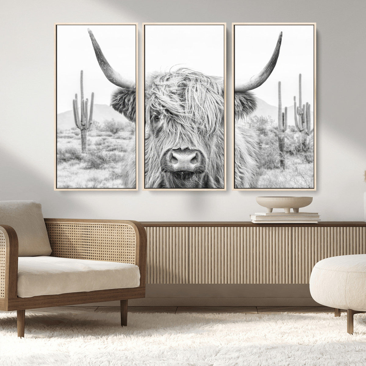 Rustic Charm, Cow Longhorn Black White Bighorn Wall Art