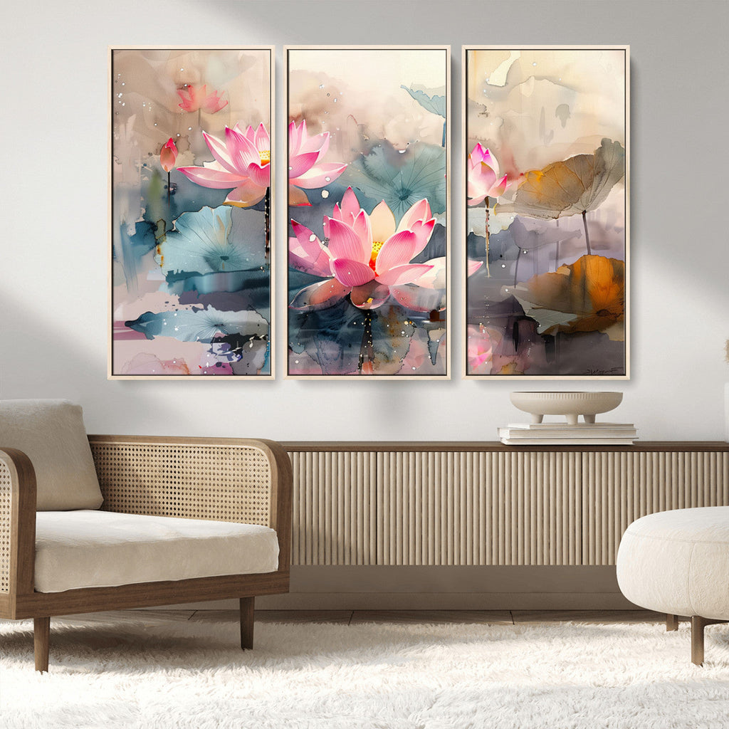 Lotus Flower Wall Art | 3 Panel Giclee Canvas Print of Pink Lotus Blossoms
