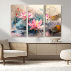 Lotus Flower Wall Art | 3 Panel Giclee Canvas Print of Pink Lotus Blossoms