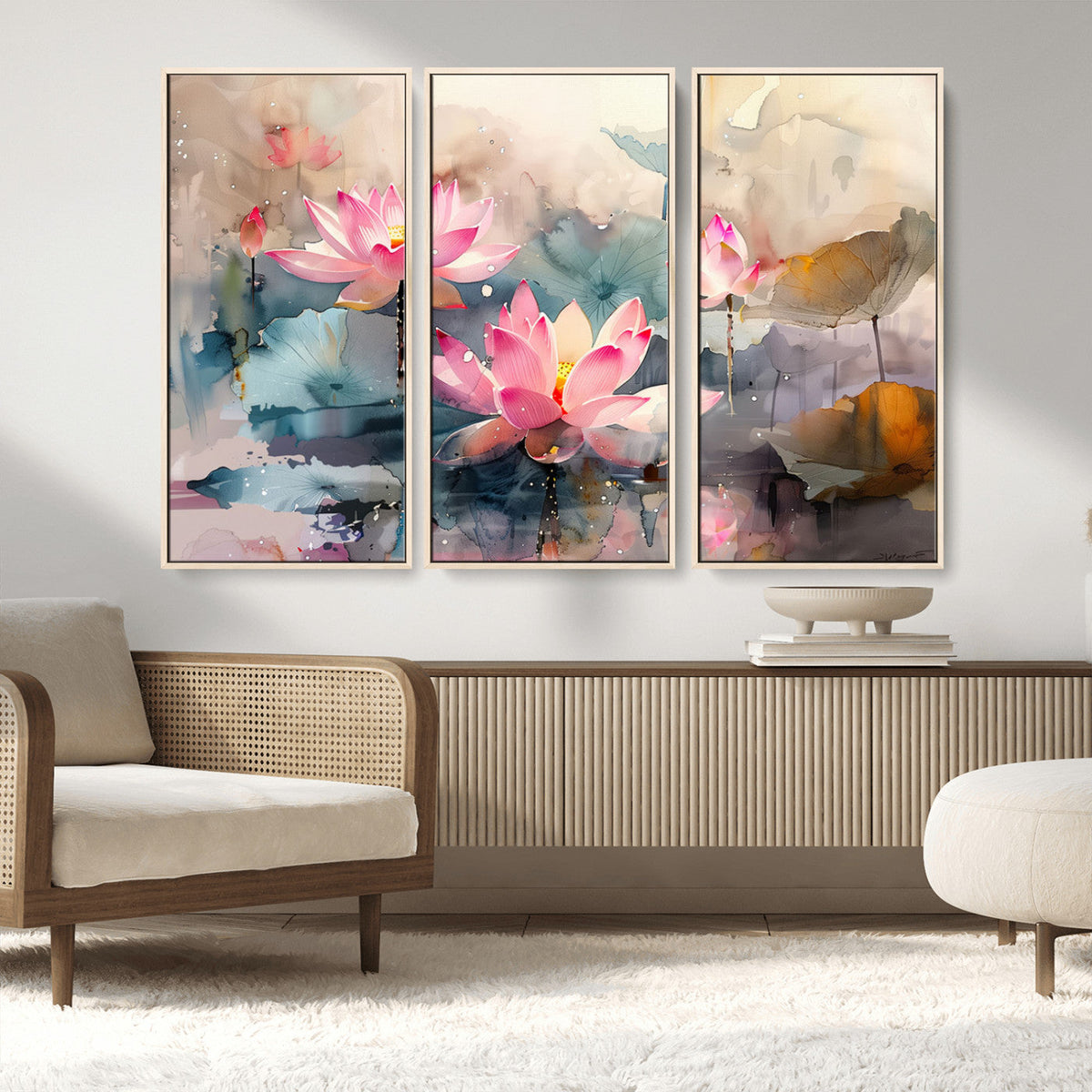 Lotus Flower Wall Art | 3 Panel Giclee Canvas Print of Pink Lotus Blossoms