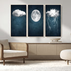3 Piece Indigo Cloud Wall Art, Thunderstorm Moon Cloud Artwork