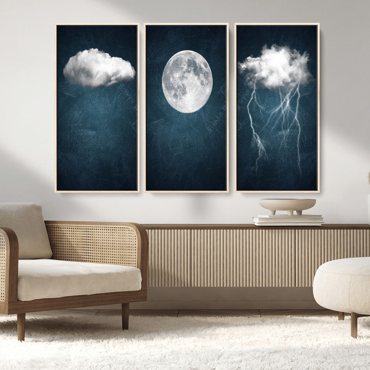 3 Piece Indigo Cloud Wall Art, Thunderstorm Moon Cloud Artwork