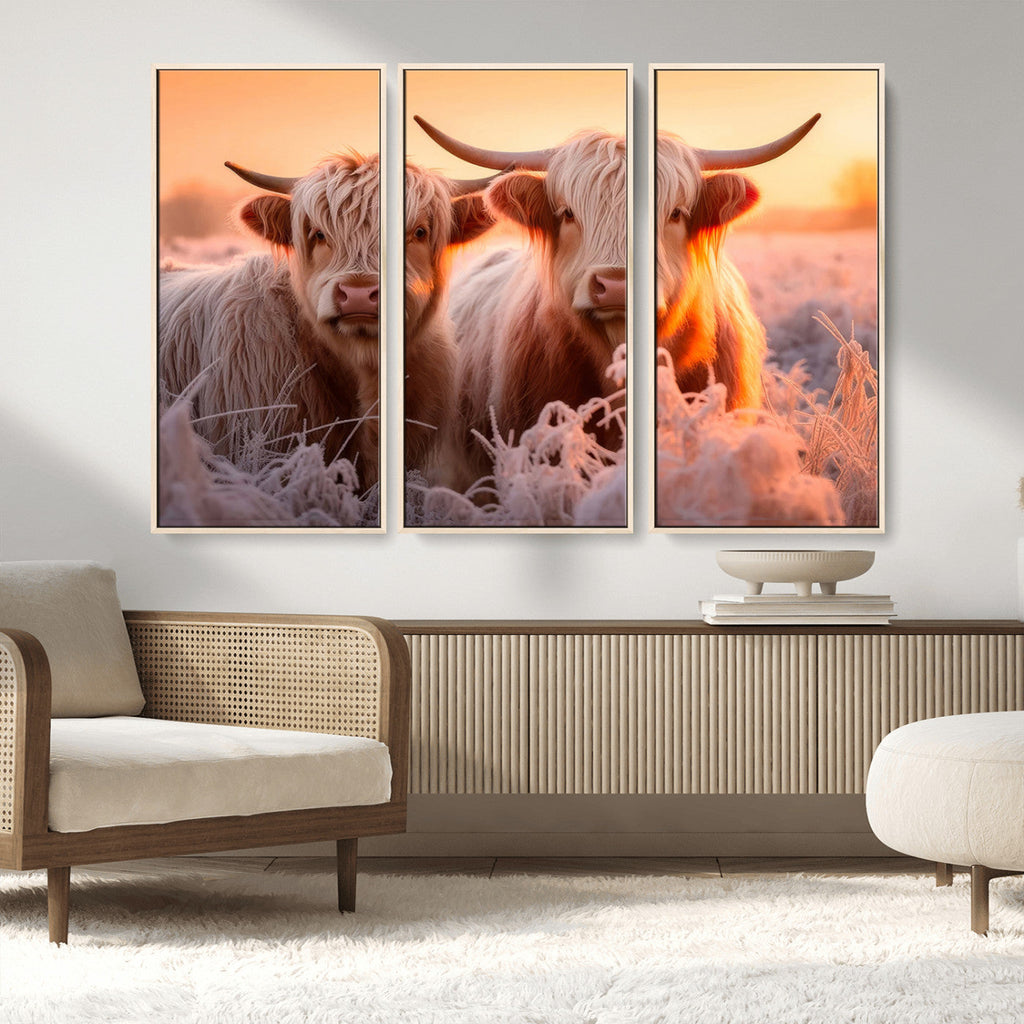 Highland Cows at Sunrise Wall Art Canvas Set