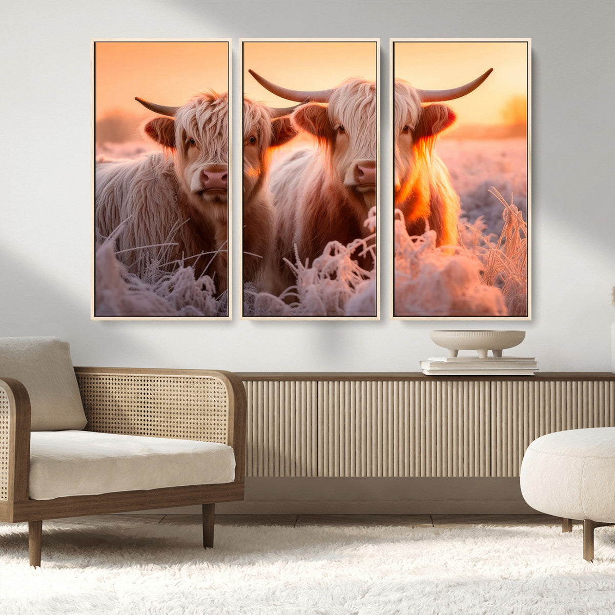 Highland Cows at Sunrise Wall Art Canvas Set