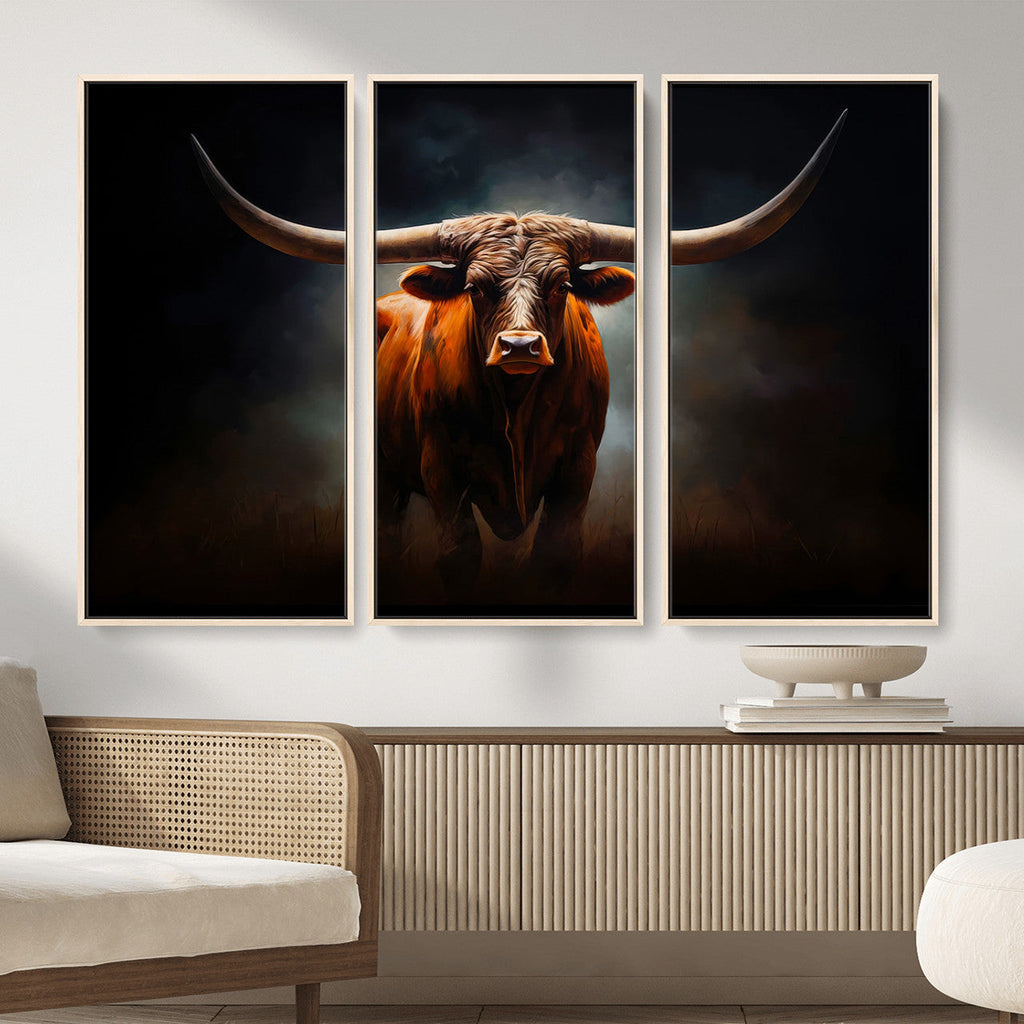 Abstract Texas Longhorn Wall Art Print | 3-Panel Large Texas Longhorn Canvas