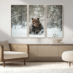 Grizzly Bear Wall Art | Framed Snowy Forest Canvas Artwork