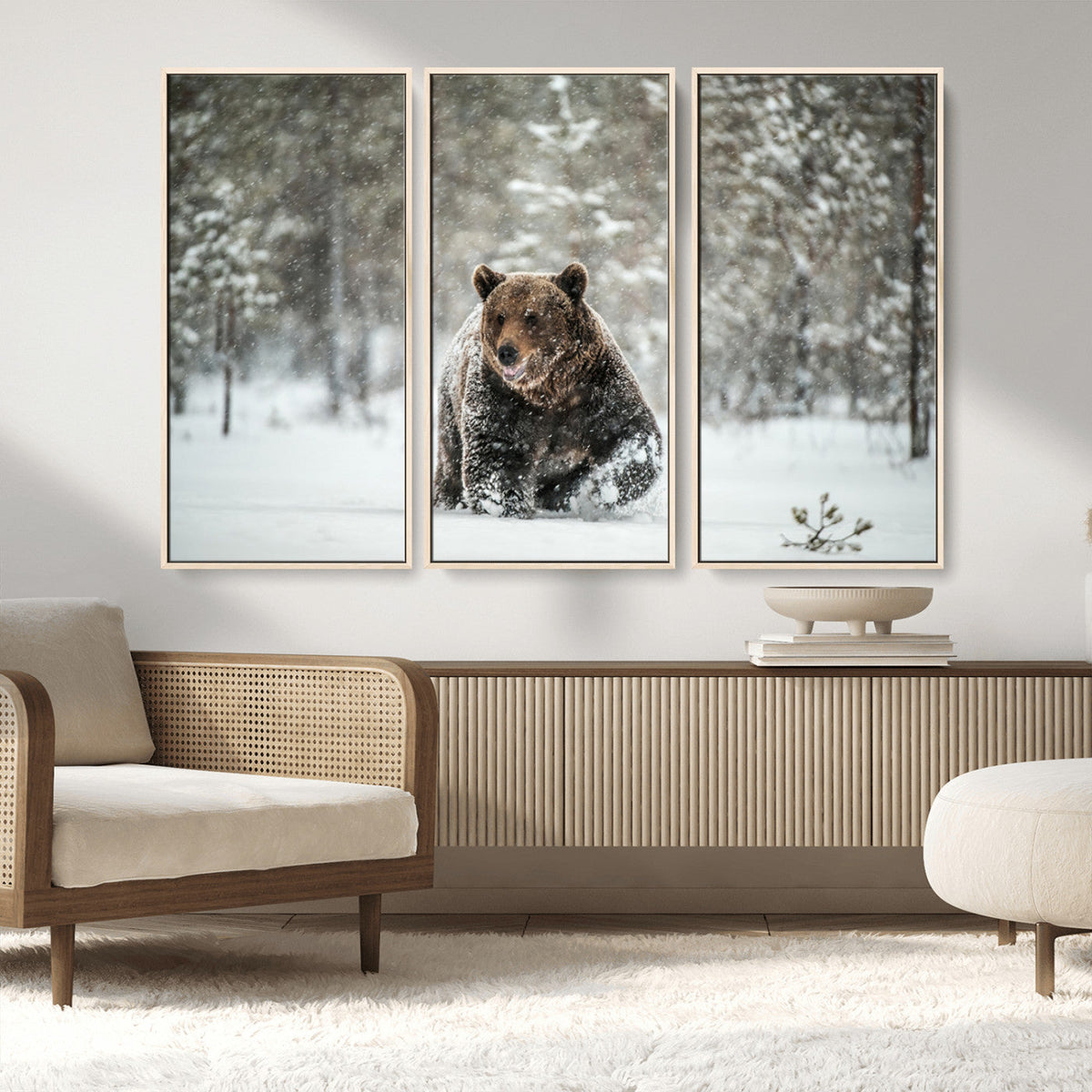 Grizzly Bear Wall Art | Framed Snowy Forest Canvas Artwork