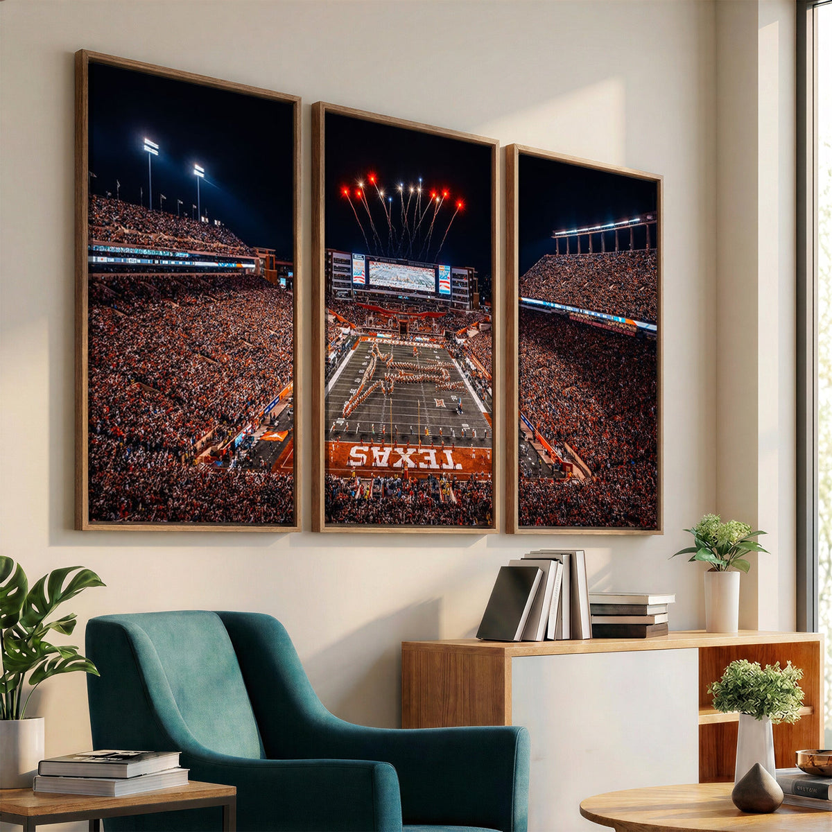 Texas Stadium Night Game Wall Art Canvas Print, Vibrant Football Fireworks Scene