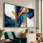 Gold Blue Abstract Canvas Print, Elegant Navy and Gold Marble Flow
