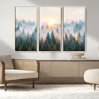 Misty Pine Forest Wall Art Canvas, Sunrise Over Foggy Trees