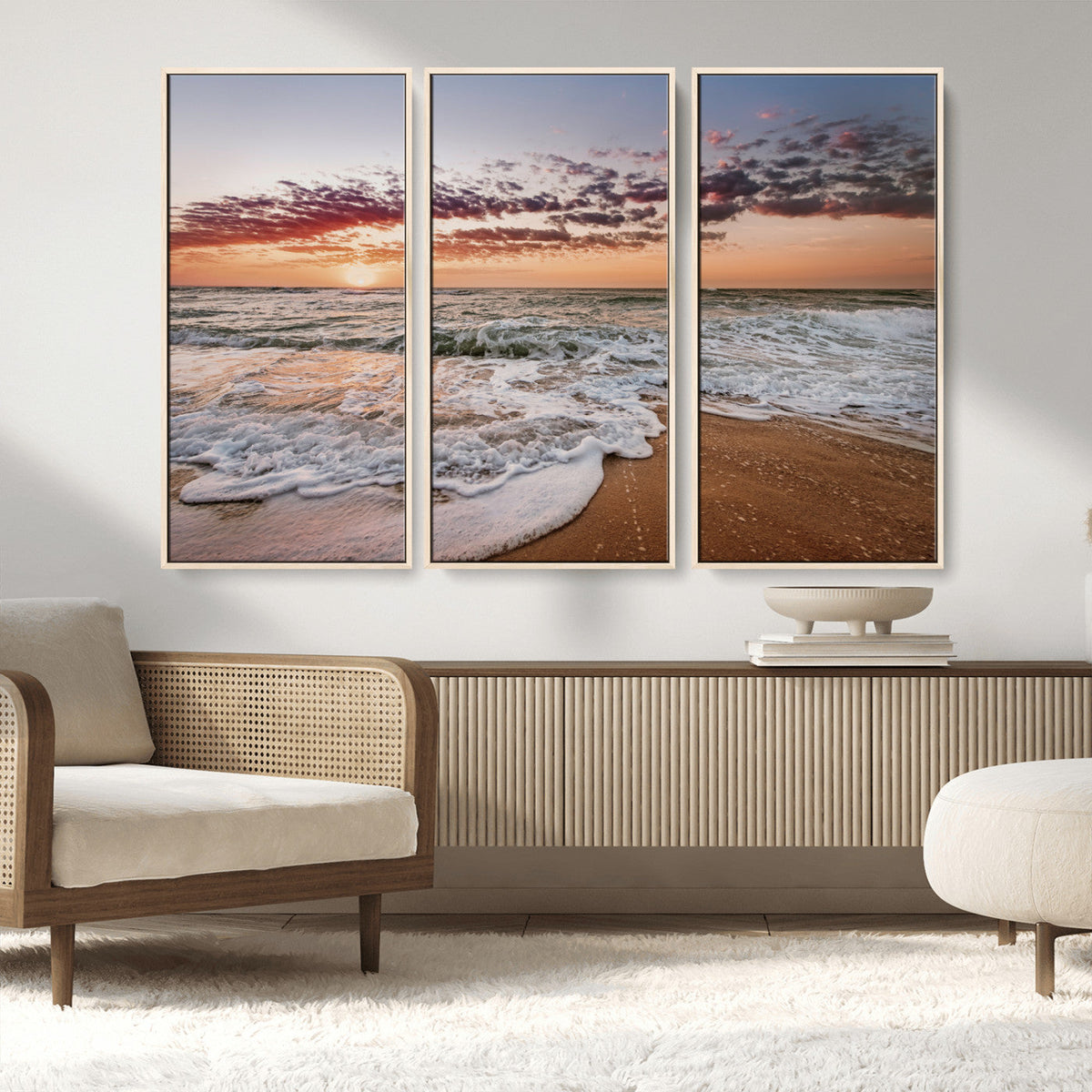 Ocean Sunset Wall Art Canvas Print | Sandy Shore and Gentle Waves