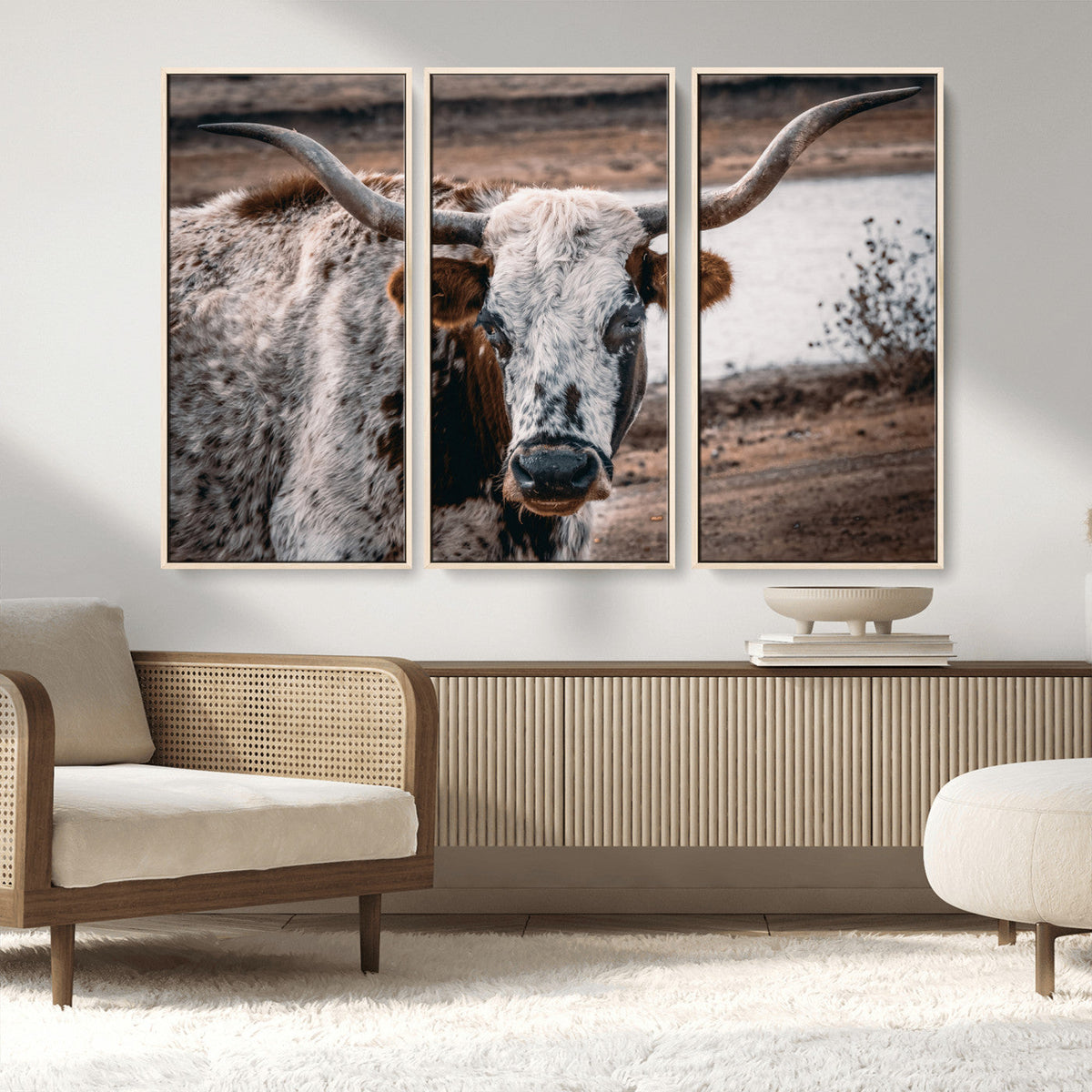 Texas Longhorn Wall Art Canvas Print | Framed Brown and White Spotted Longhorn