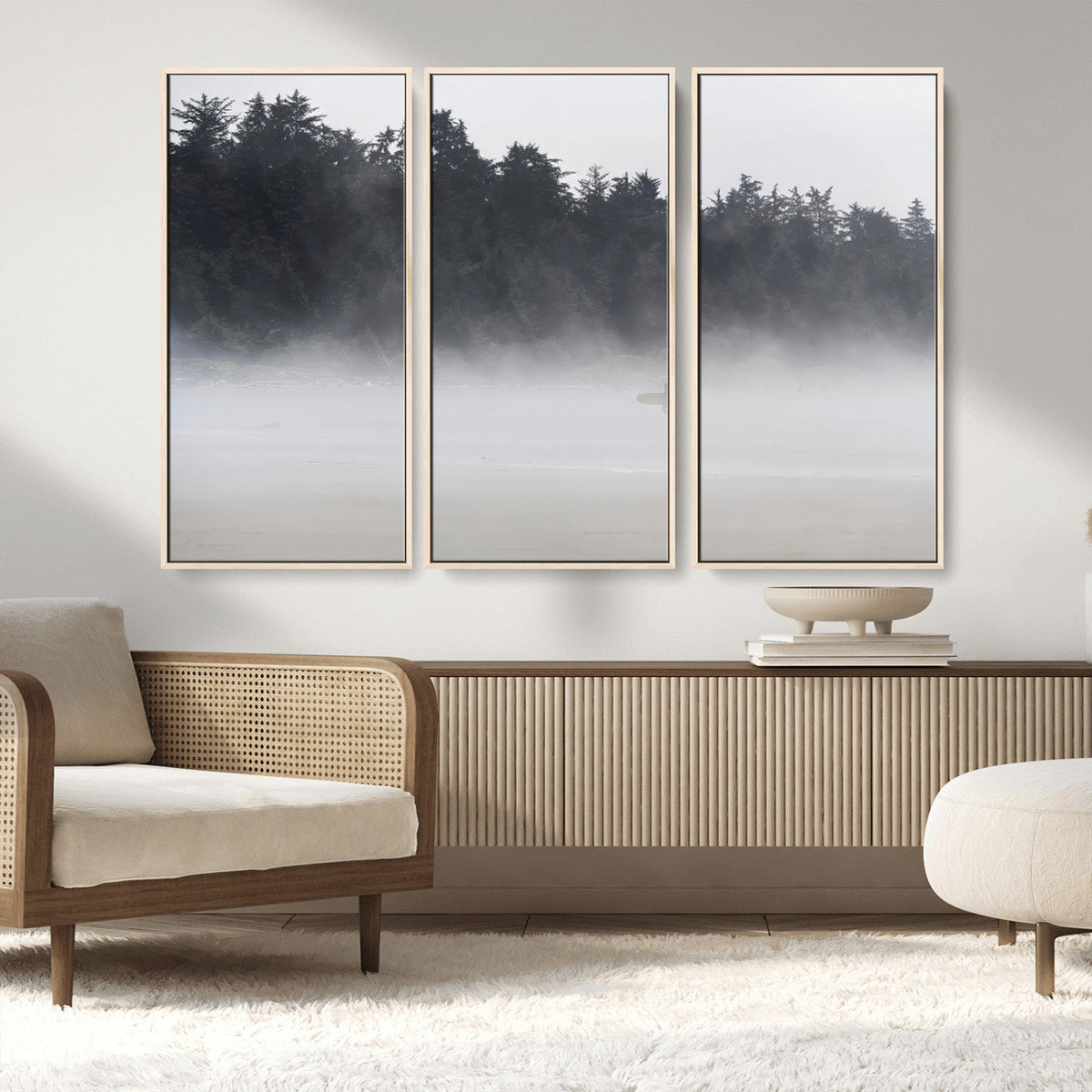 Surfer Fog Wall Art Canvas Print, Framed Foggy Beach and Coastal Surf Scene