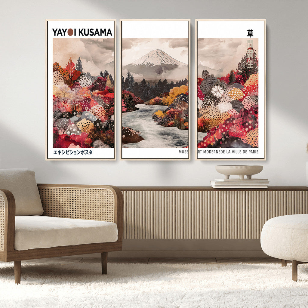 Modern Japanese Wall Art Canvas Print, Framed Abstract Mount Fuji Art, Yayoi Kusama Japanese Landscape