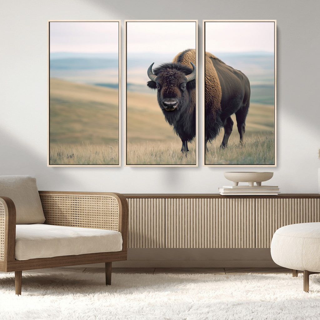 Bison Wall Art Canvas Print, Framed American Buffalo Rustic Western Artwork