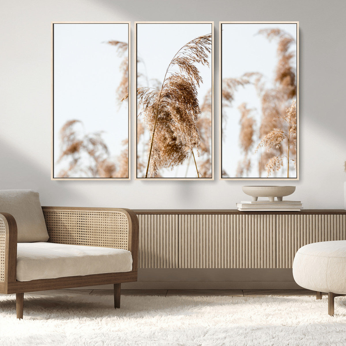 Pampas Grass Wall Art Canvas Print, Framed Neutral Tones Minimalist Boho