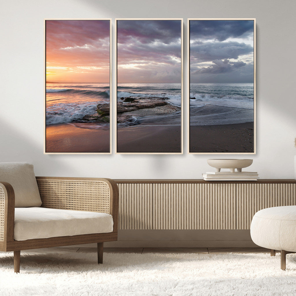 Golden Hour Wall Art Canvas Print, Framed Tranquil Waves Beach Sunset