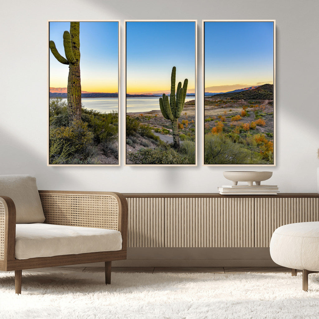 Saguaro Cactus Wall Art Canvas Print, Framed Desert Sunset Southwestern
