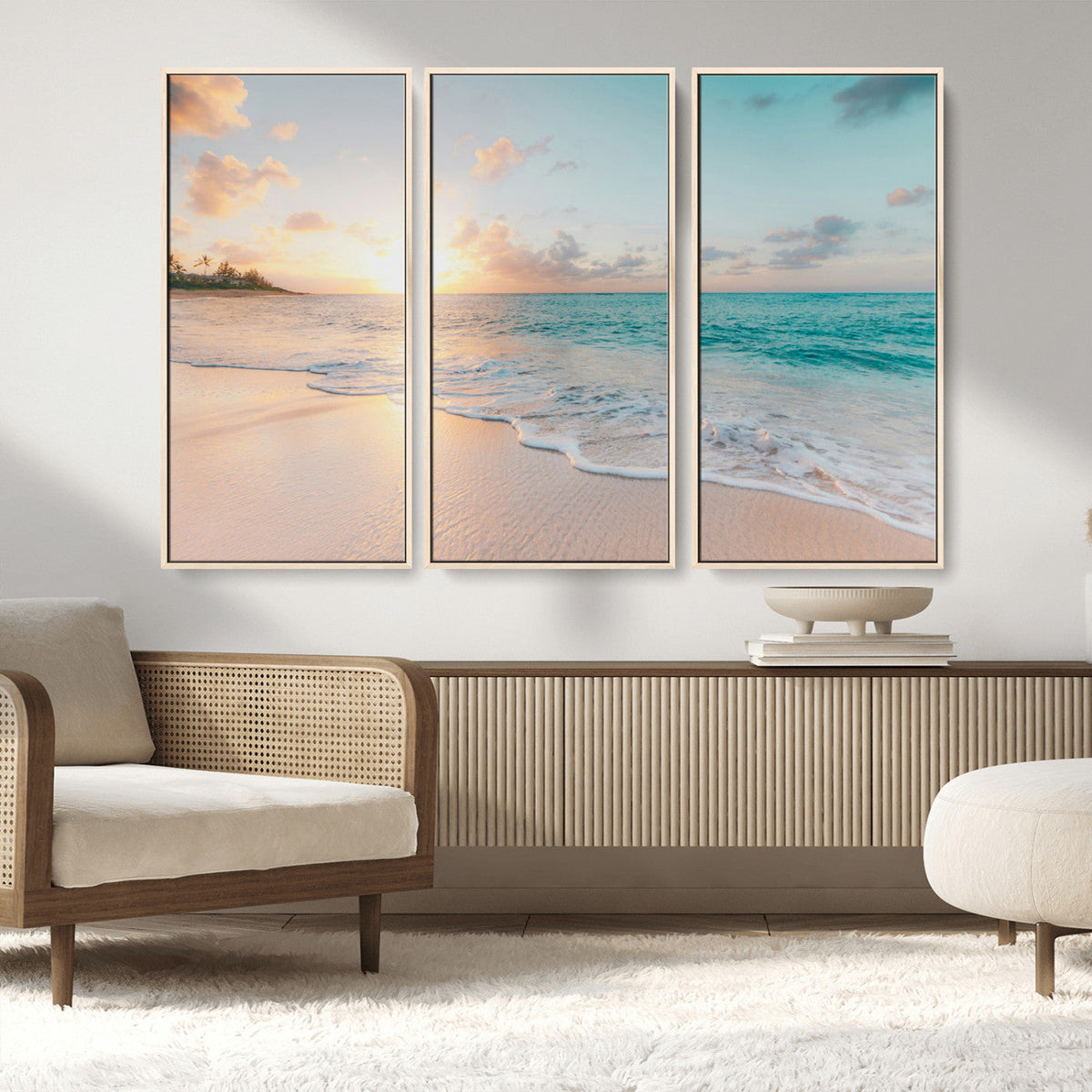 Beach Sunset Wall Art Canvas Print, Framed Ocean Waves Summer Escape