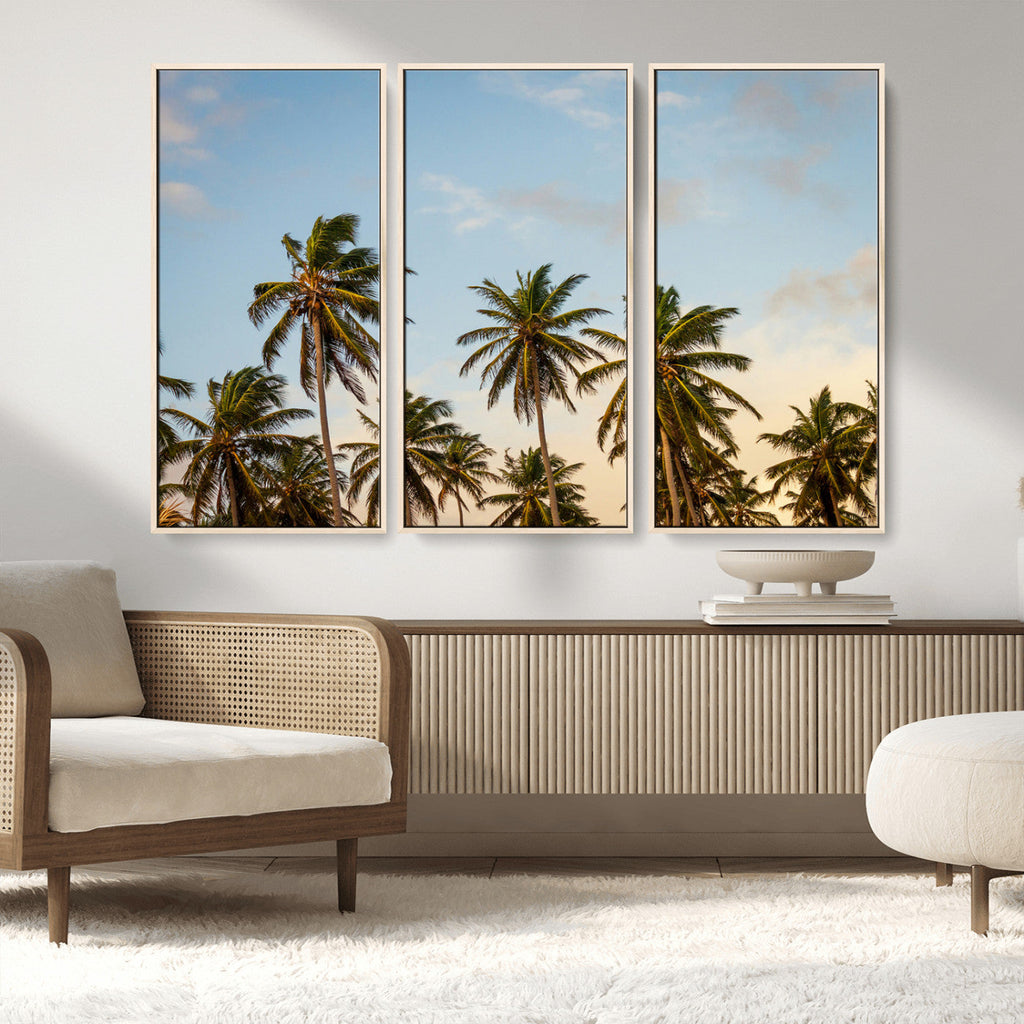 Palm Trees Wall Art Canvas Print, Framed Tropical Vibes Coastal Sunset