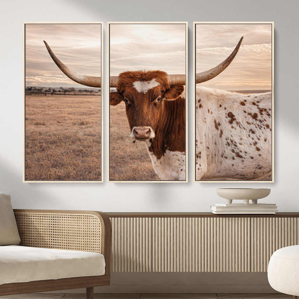 Texas Longhorn Cow Canvas Wall Art, Majestic Bull on a Rustic Western Farm