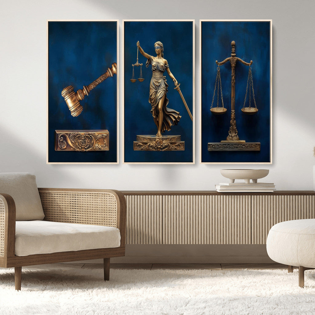 Lady Justice Wall Art Canvas Print, Elegant Gold Legal Symbols on Blue, Law Office Decor