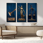 Lady Justice Wall Art Canvas Print, Elegant Gold Legal Symbols on Blue, Law Office Decor