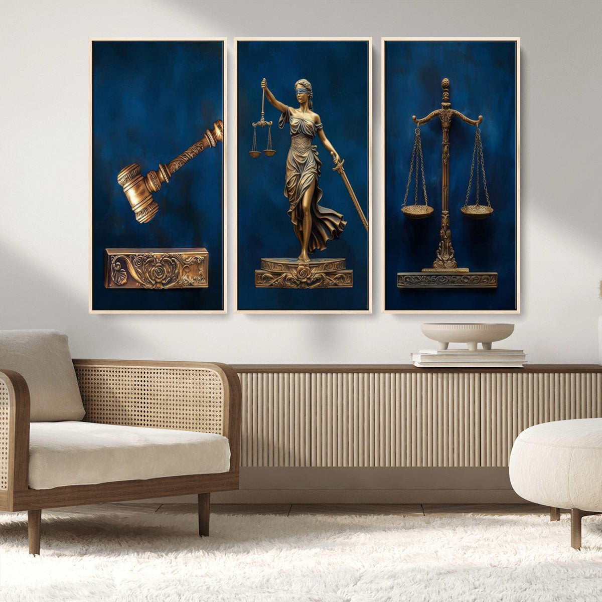 Lady Justice Wall Art Canvas Print, Elegant Gold Legal Symbols on Blue, Law Office Decor