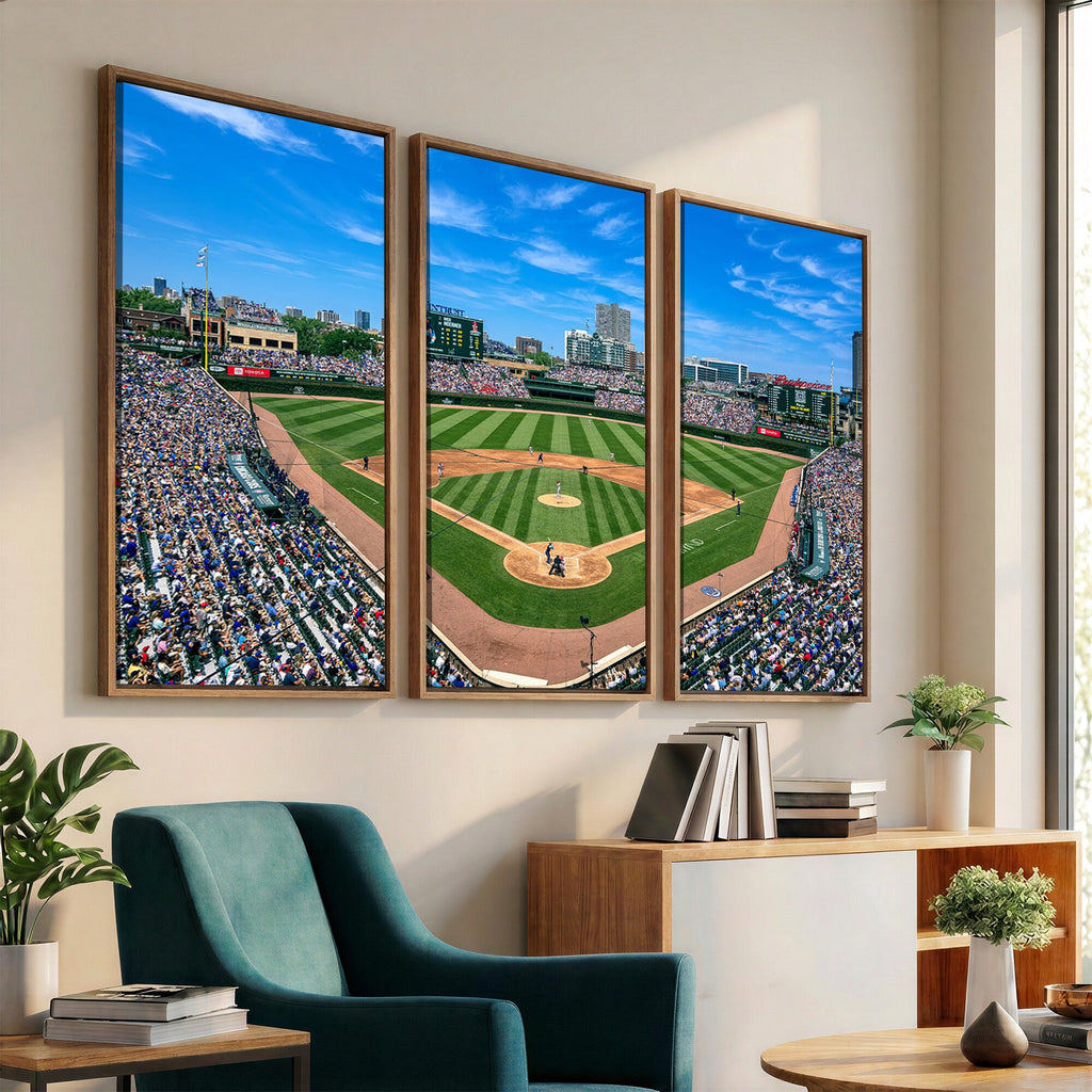 Wrigley Field Baseball Stadium Canvas Wall Art, Packed Crowd and Chicago Skyline