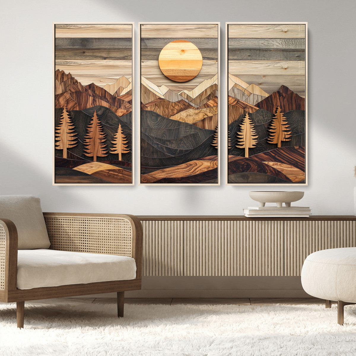 Wooden Mountain Layers Art | Rustic Pine Tree Landscape