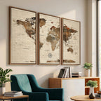 Vintage World Map Wall Art Canvas Print for Living Room, Office and Study
