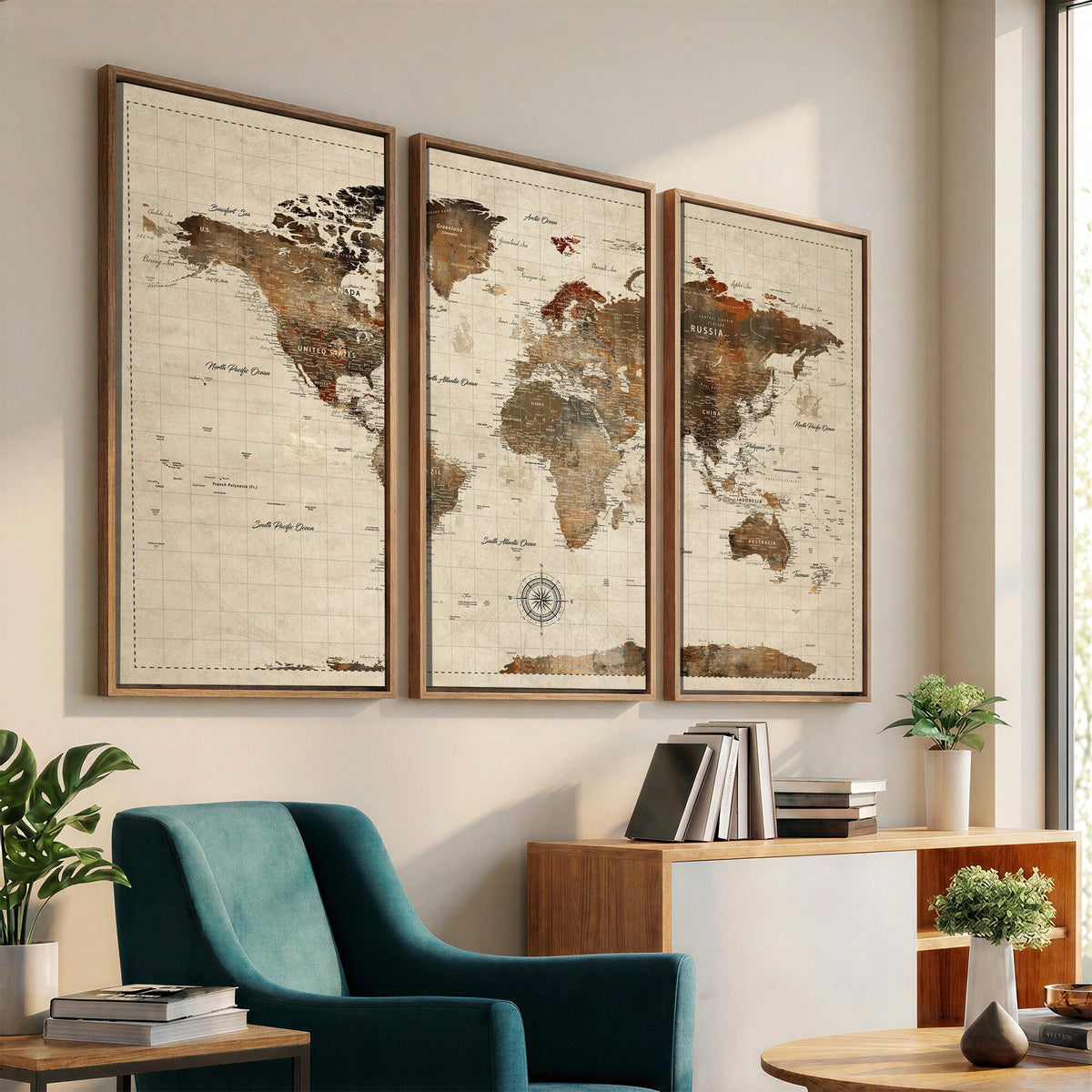 Vintage World Map Wall Art Canvas Print for Living Room, Office and Study