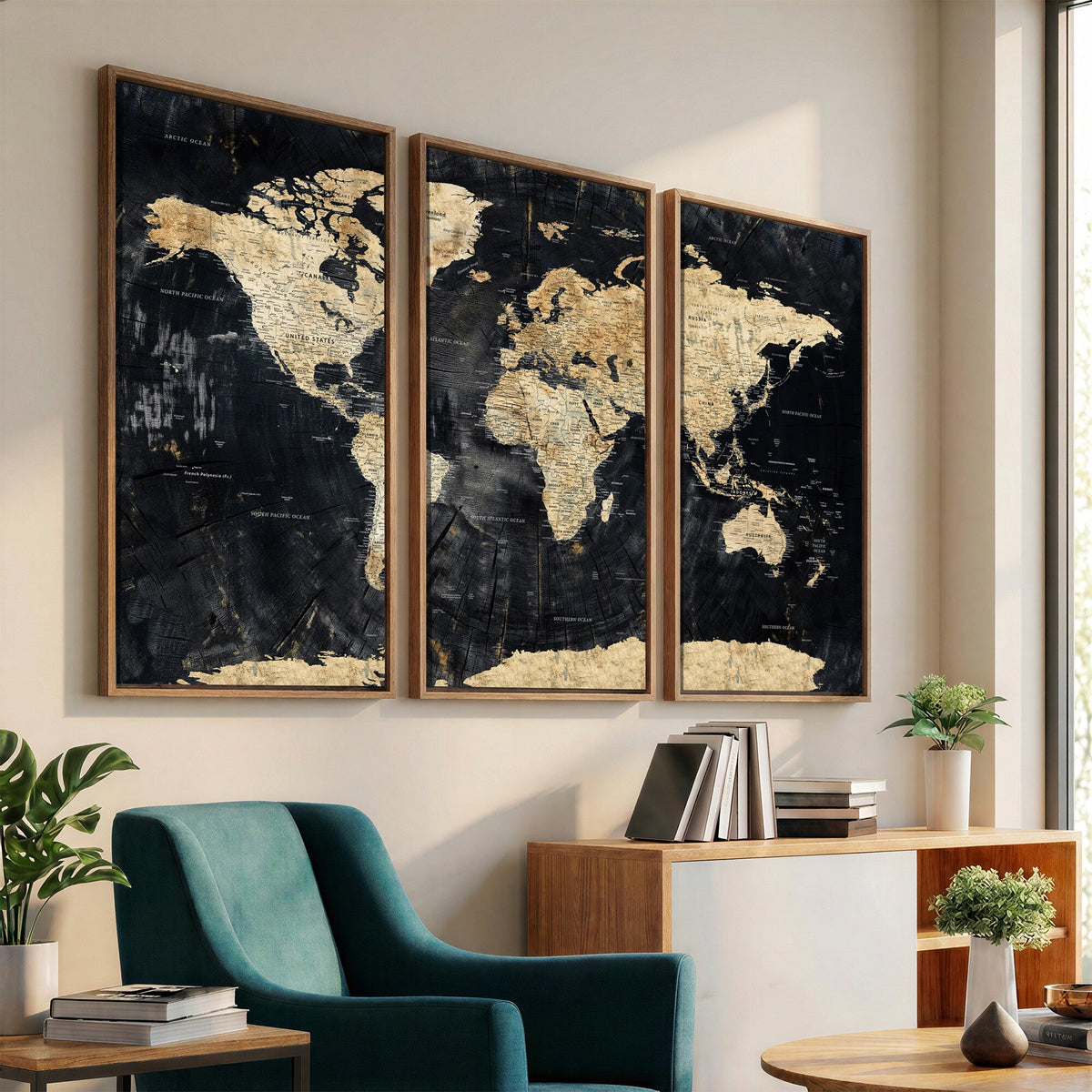 Framed Large World Map Wall Art Canvas Print for Living Room